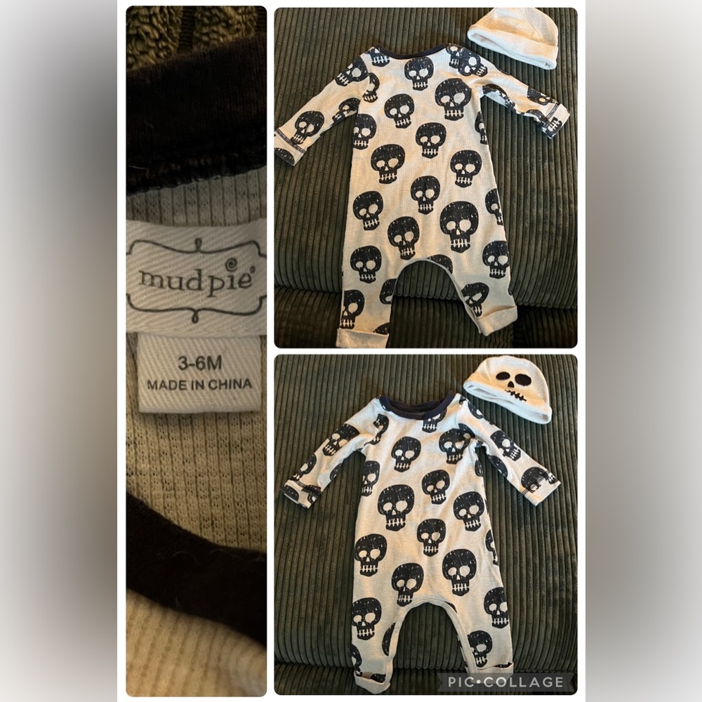 Mud Pie Skull Pattern One Piece Matching Hat - Black & Cream/Grey Baby Boy 3-6m